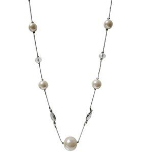 Long Faux Pearl Necklace Clear Beads Silver Tone Chain